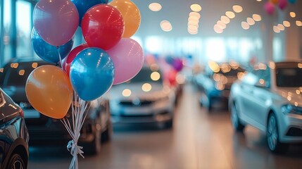 A vibrant display of multi-colored balloons fills the air at a bustling car dealership. Shiny vehicles line the showroom, welcoming visitors with a festive charm and lively energy