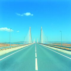 Highway towards cable-stayed bridge, sunny day