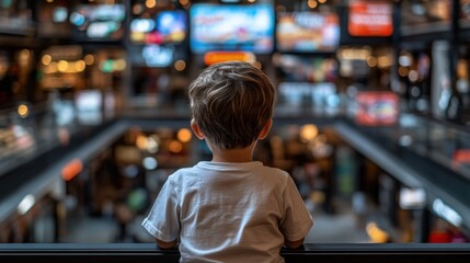 Child Watching Colorful Displays in Modern Shopping Environment