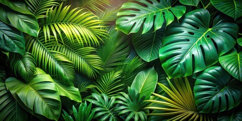close-up of lush green tropical forest leaves in the background, foliage, tropical vegetation