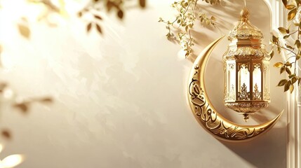 Fototapeta premium Golden Ramadan Lantern and Crescent Moon Festive Decoration