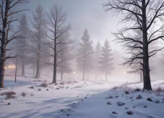 Obraz premium Winter misty landscape with snow-covered trees and subtle festive lights, festival, landscape, evergreen
