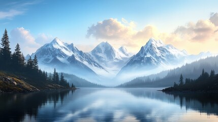 Fototapeta premium Alpine Serenity, tranquil lake mirroring majestic snow-capped mountains, a pristine escape into nature's untouched beauty