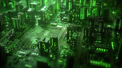 Futuristic Green Cityscape with Circuit Board Design and Neon Lights