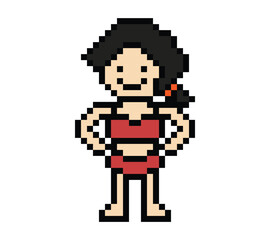 Fototapeta premium Cute pixel cartoon two piece character woman bikini swimming suit game summer beach vacation decoration lifestyle female bikini 2 piece 8 bit holiday relax pixel art png 8bit vector.