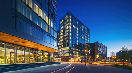 Obraz premium Light trails on the modern building background. Light trails at night in urban environment, Abstract Motion Blur City, traffic, transportation, street, road, speed