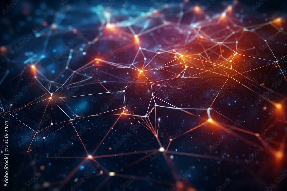 Poster complex network mesh glowing brightly in digital cyberspace, symbolizing global communication and in
