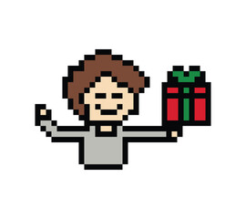 Fototapeta premium Cute pixel cartoon 8bit character man give gift box birthday christmas bonus reward surprise decoration 8 bit male boy give gift box shopping bonus christmas day game 8 bit png vector.