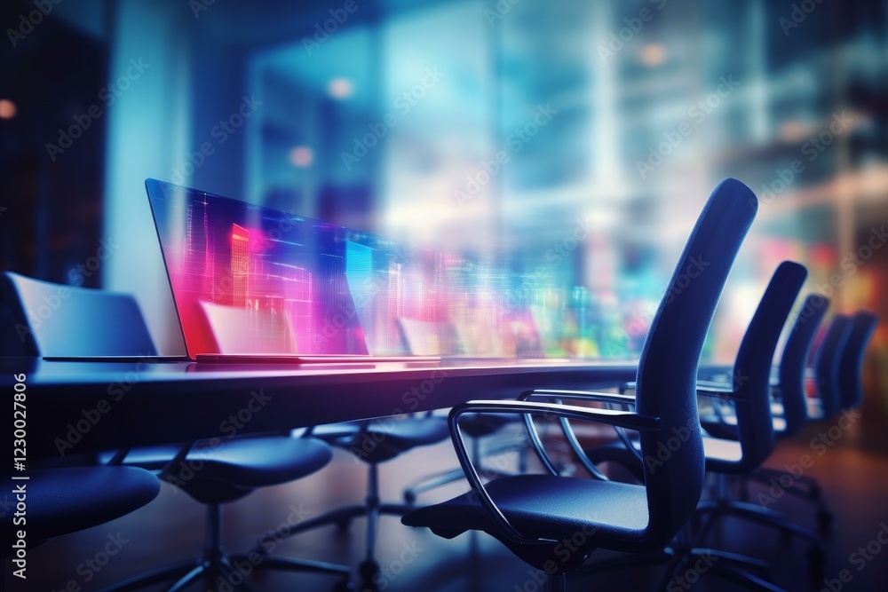 Poster holographic projection displaying data on a laptop screen in a futuristic conference room, symbolizi