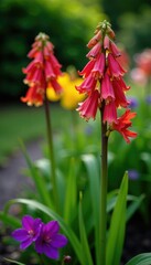 Obraz premium Fritillaria persica flowers in a garden border with other perennials, fritillaria, flowers