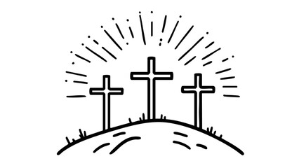 Good friday Easter vector illustration greeting card - Black silhouette of Crucifixion of Jesus Christ in Golgota / Golgotha jerusalem israel, with three crucefix crosses on rock