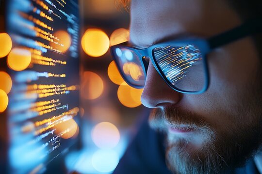 A young coder working late at night, with lines of glowing code on their screen representing the potential of innovation