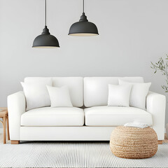 Modern living room, white sofa, pendant lights
