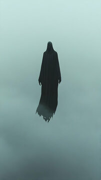Hooded figure in foggy landscape