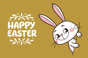 cute easter bunny peeking out with happy easter text on a brown background. perfect for easter greetings, cards, and festive decorations. adorable design with a cheerful bunny and decorative elements