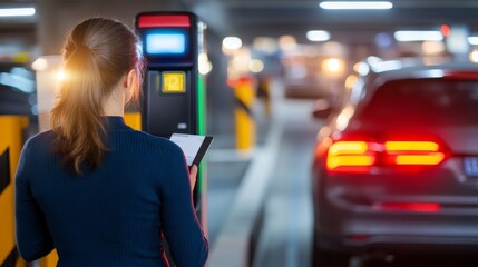 Woman using a smartphone at a parking station while a car waits in a modern underground garage