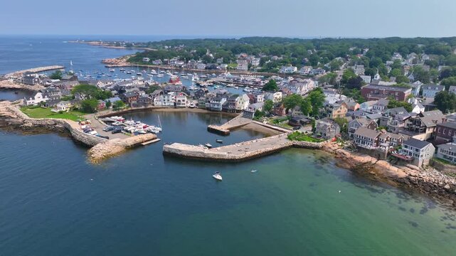 Aerial view of Front Beach and Rockport Harbor including Bearskin Neck and Motif Number 1 building in historic waterfront village of Rockport, Massachusetts MA, USA. 
