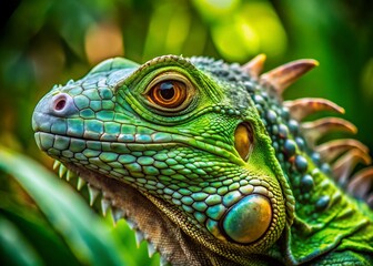 Fototapeta premium Close-Up Green Iguana on Lush Tropical Foliage: Vibrant Reptile Portrait