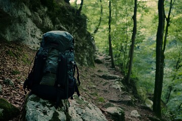 Hiking Backpack on Rock, Trail Through Lush Forest. Adventure, Exploration in Nature s Beauty 
