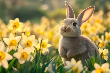 Fototapeta premium Joyful Easter Bunny a Vibrant Daffodil Field, Spring Celebration 