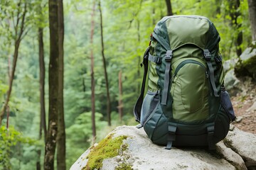 Hiking Backpack on Rock, Trail Through Lush Forest. Adventure, Exploration in Nature s Beauty 