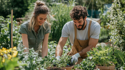 Fototapeta premium Young couple gardening together in a vibrant community garden