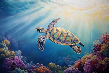 Naklejka premium Majestic Green Sea Turtle Gliding Through Sunlit Coral Reef, Underwater Wildlife Scene 