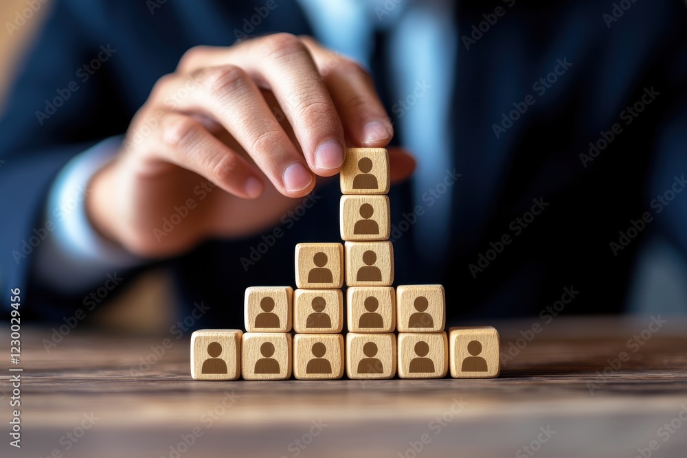 Poster stacked wooden blocks representing team hierarchy with silhouettes on each block, demonstrating team
