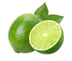 Fresh lime, half and green leaves isolated, transparent PNG, PNG format, Juicy Lime