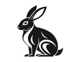 black and white vector illustration of a rabbit sitting upright with detailed lines and curves, perfect for logos, tattoos, or decorative designs