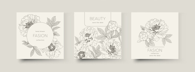 Vector set, floral backgrounds, social media stories, post feed mockups. Textured frame mockup. Use for beauty, jewelry, fashion, cosmetics, wedding, summer. Linear flowers, hand drawn