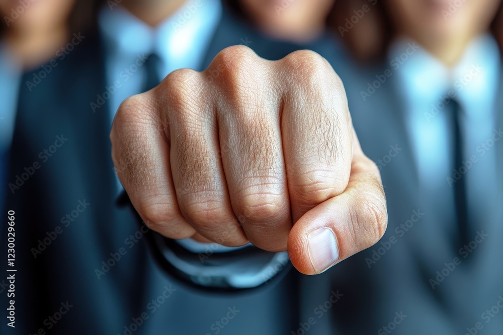 Aufkleber close-up of a clenched fist showing determination in a business environment with blurred professiona