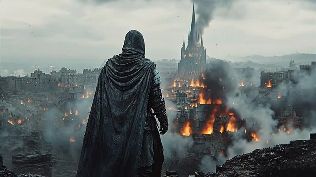 rpg character in front of city