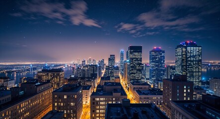 Fototapeta premium Rooftop city view with twinkling city lights at night