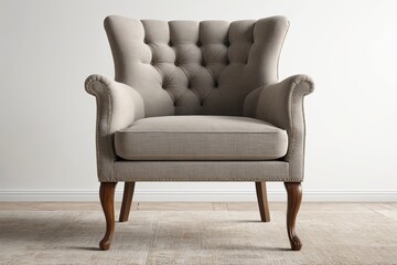 a close up of a chair with a beige upholstered seat