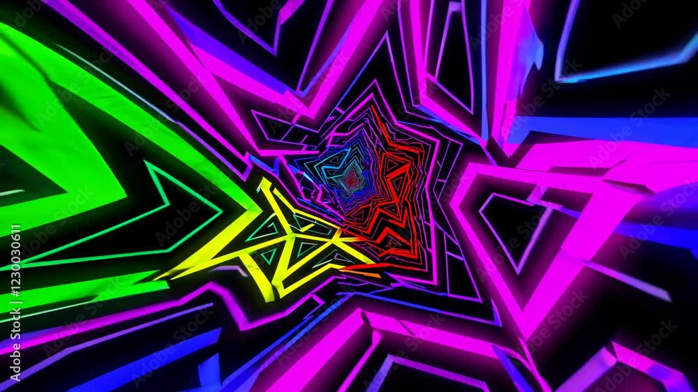 Poster glowing neon lines are rotating and creating a colorful tunnel with kaleidoscope effect, an abstract