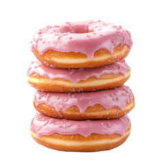 A close-up image shows a stack of four pink glazed donuts, each topped with sprinkles.