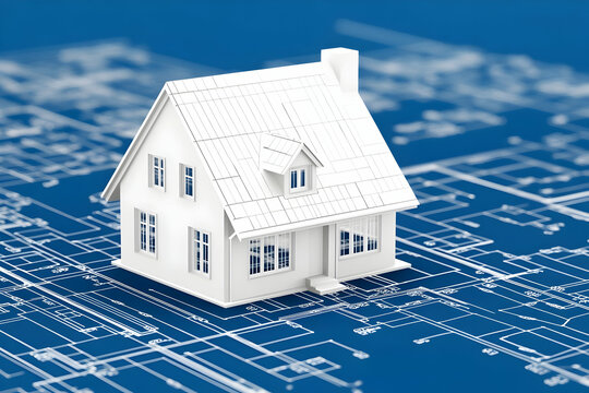 House model on blueprints, planning design