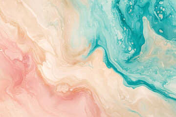 Fototapeta premium An abstract fluid art painting featuring pastel tones of pink, teal, and cream, with smooth flowing patterns and organic textures.