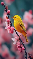 HD Phone Wallpaper Vibrant Yellow Bird Perched on Delicate Pink Blossoms in Springtime