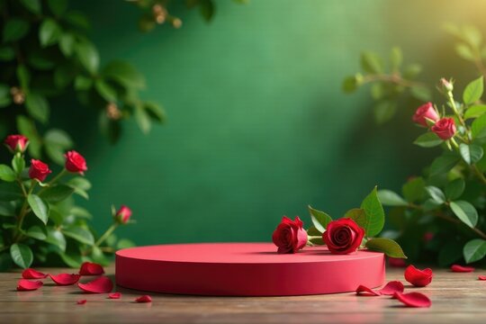 Rose-filled red podium against a serene green background, scenery, peaceful