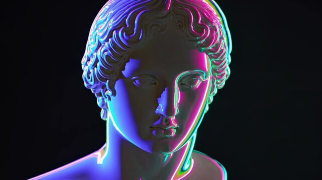 Plaster statue of apollo glowing under vibrant neon lights, creating a mesmerizing vaporwave, synthwave, and retrowave aesthetic against a deep black background