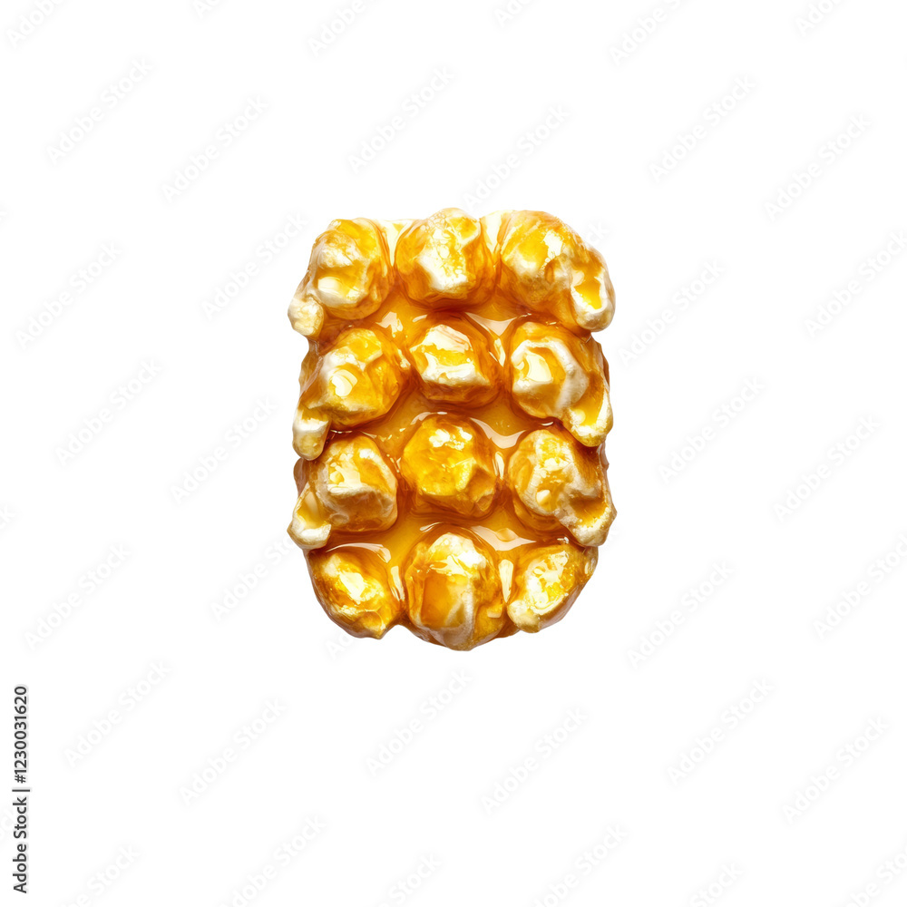 Aufkleber A close-up overhead view of a cluster of caramel-covered popcorn, showcasing its glossy texture and rich color against a black background.