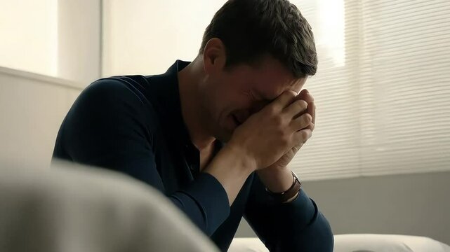 Tearful man reflecting deeply, sitting on bed, head in hands, tears streaming down, sorrowful expression.


