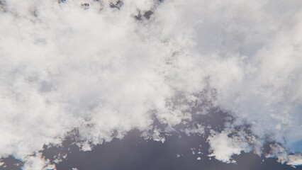 Aerial view of fluffy white cumulus clouds over dark stormy sky, background texture for design