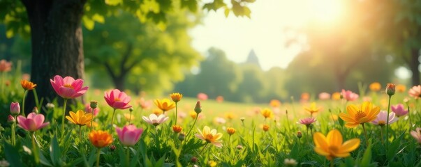 Serene landscape with blooming flowers and lush foliage under sunny skies, petals, growth