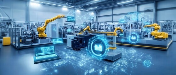 Industrial workspace with machinery, modern factory setting showcasing advanced technology, bright lighting, open layout.