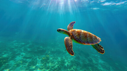 Obraz premium Vibrant Underwater Scene with Green Sea Turtle Swimming Above Colorful Coral Reef