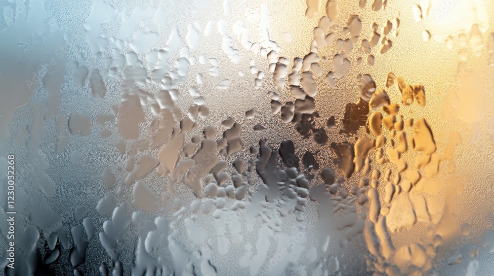 Poster condensation patterns on a windowpane, illuminated by warm light.