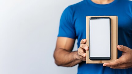 Person holding a smartphone box in a plain background, showcasing a new device for potential buyers